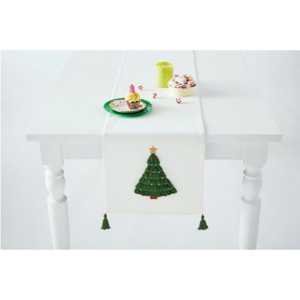 Christmas Table Runner 72" Evergreen Tassel Tree White Green Cotton H For Happy